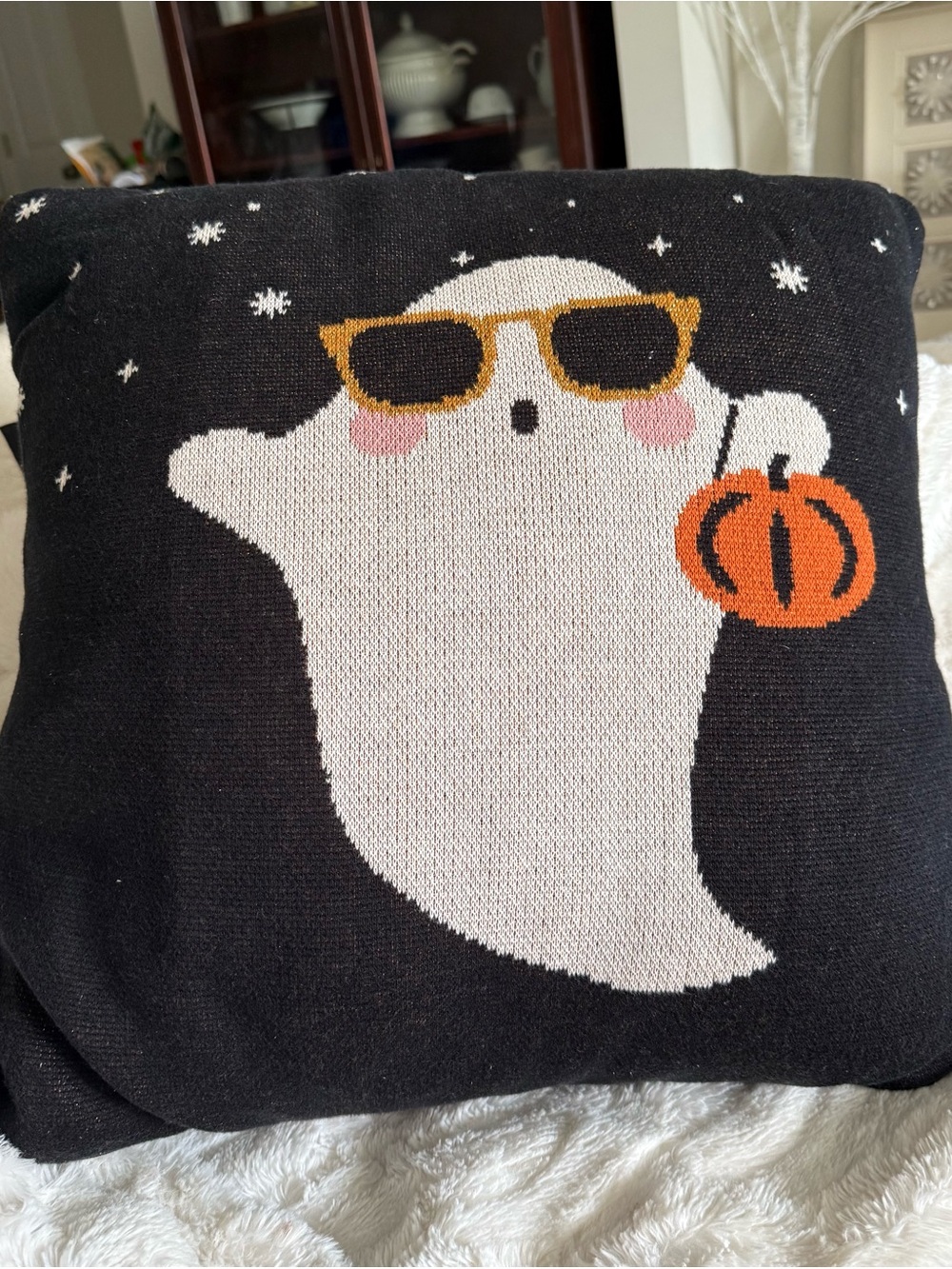 Halloween Ghost Knit Throw Pillow - Adorable ghost with sunglasses